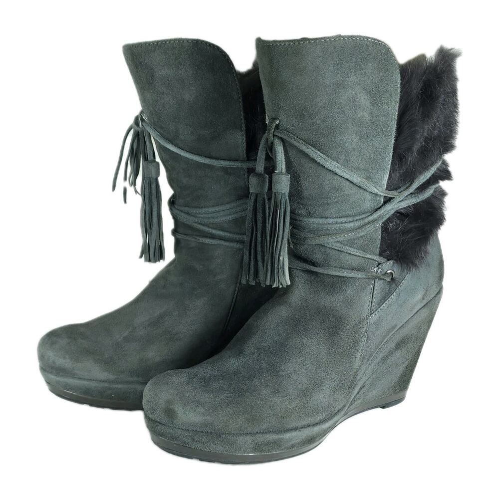 Luciano Barachini Women's EU38 US7-7,5 Gray Suede Faux Fur Lace Up Wedge Boots